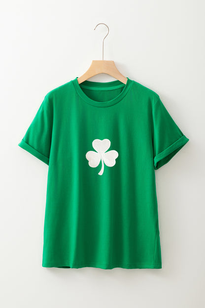 Bright Green Embroidered Clover Pattern St Patrick Tee