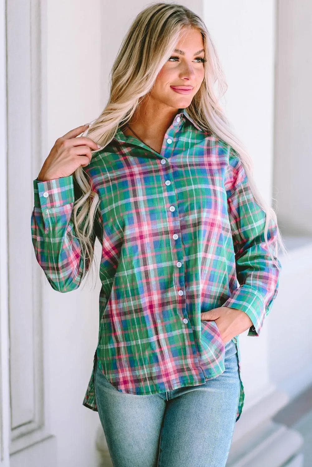 Tops/Blouses & Shirts Green Plaid Long Sleeve Button Down Split Shirt