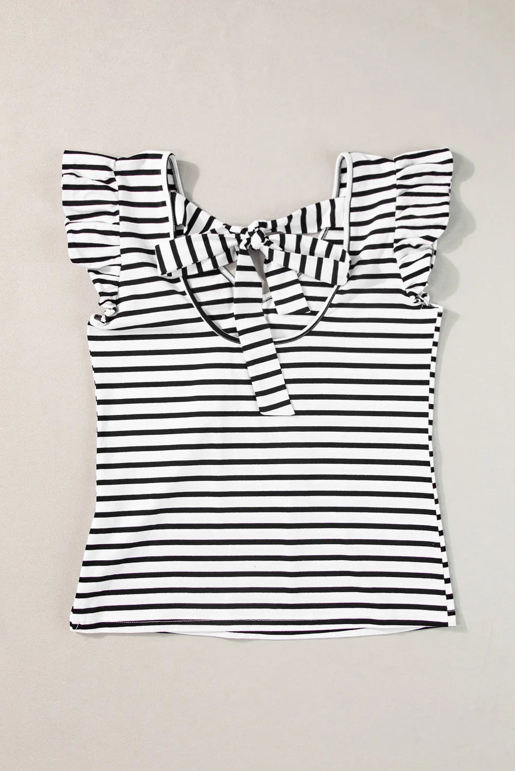 White Stripe Butterfly Sleeve V Neck Hollowed Knot Back T Shirt - Chic Meadow Boutique 