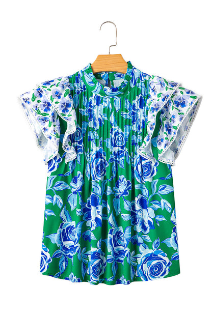 Green Floral Print Lace Trim Contrast Ruffle Sleeve Pleated Loose Blouse