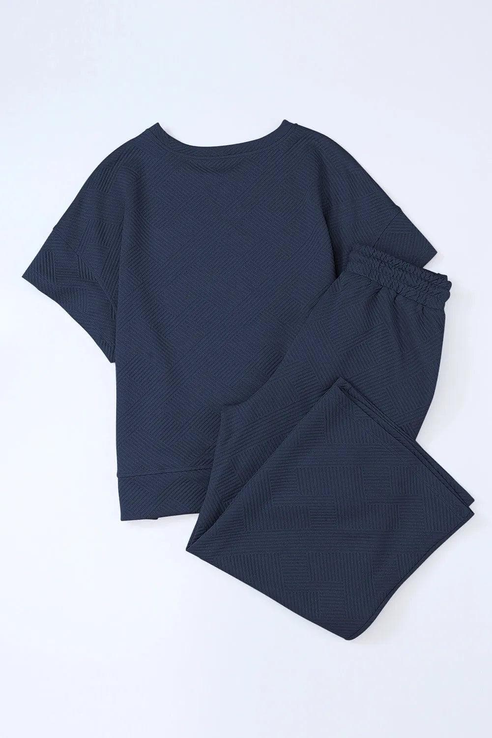 Two Piece Sets/Pant Sets Navy Blue Textured Loose Fit T Shirt and Drawstring Pants Set