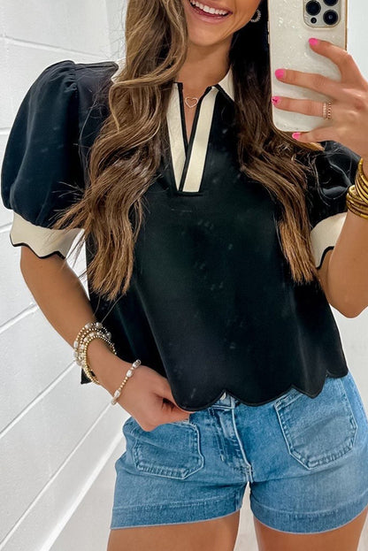 Black Color Contrast Collared V Neck Puff Sleeve Blouse
