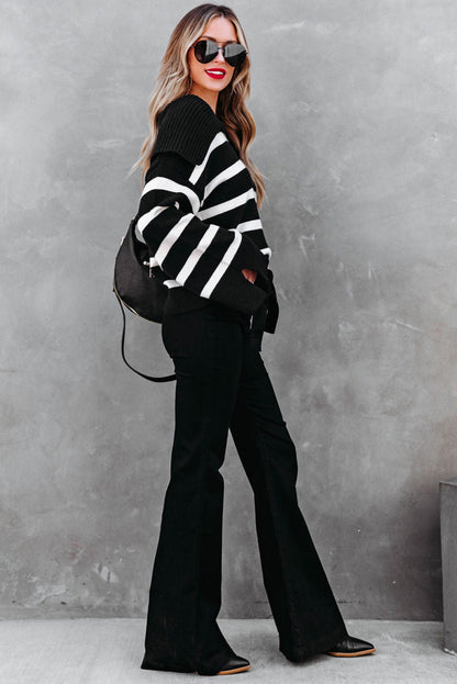 Black Caped V Neck Slit Sleeve Striped/Solid Sweater