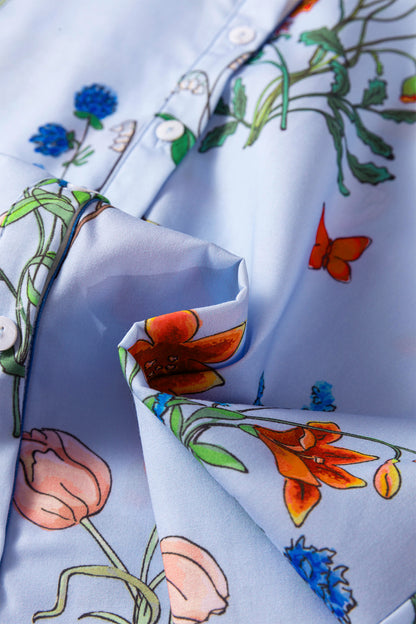 Sky Blue Floral Striped Patchwork Ruffled Collar Short Sleeve Shirt