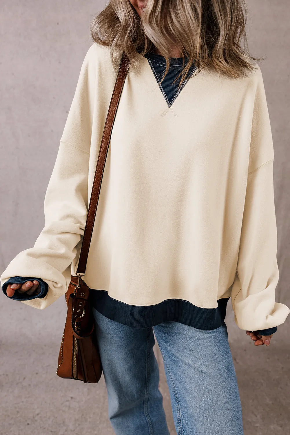 White Color Block Patch Drop Shoulder Oversized Sweatshirt - Chic Meadow Boutique 