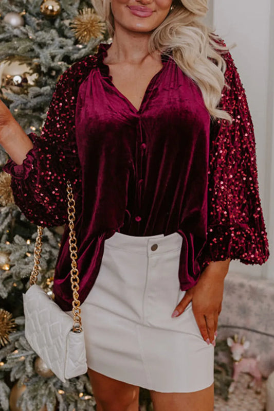 Red Dahlia Sequin Patchwork Sleeve Button Up Velvet Top - Chic Meadow Boutique 