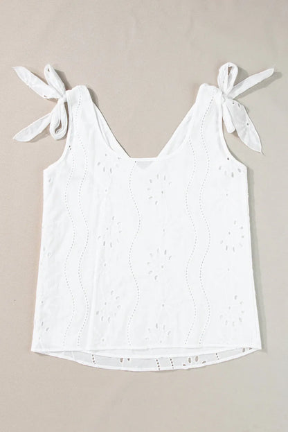 White Embroidery Patterned Knotted Straps V Neck Tank Top - Chic Meadow Boutique 