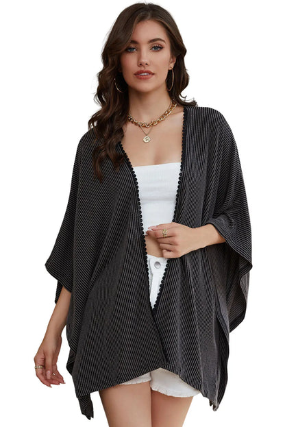 Black Lace Trim Ribbed Oversize Kimono - Chic Meadow Boutique 