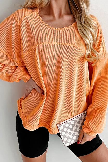 Grapefruit Orange Solid Color Textured High Low Long Sleeve Top - Chic Meadow Boutique 