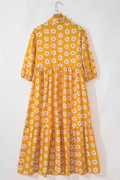 Yellow Flower Print Bracelet Sleeve Buttons Collared Maxi Dress - Chic Meadow Boutique 