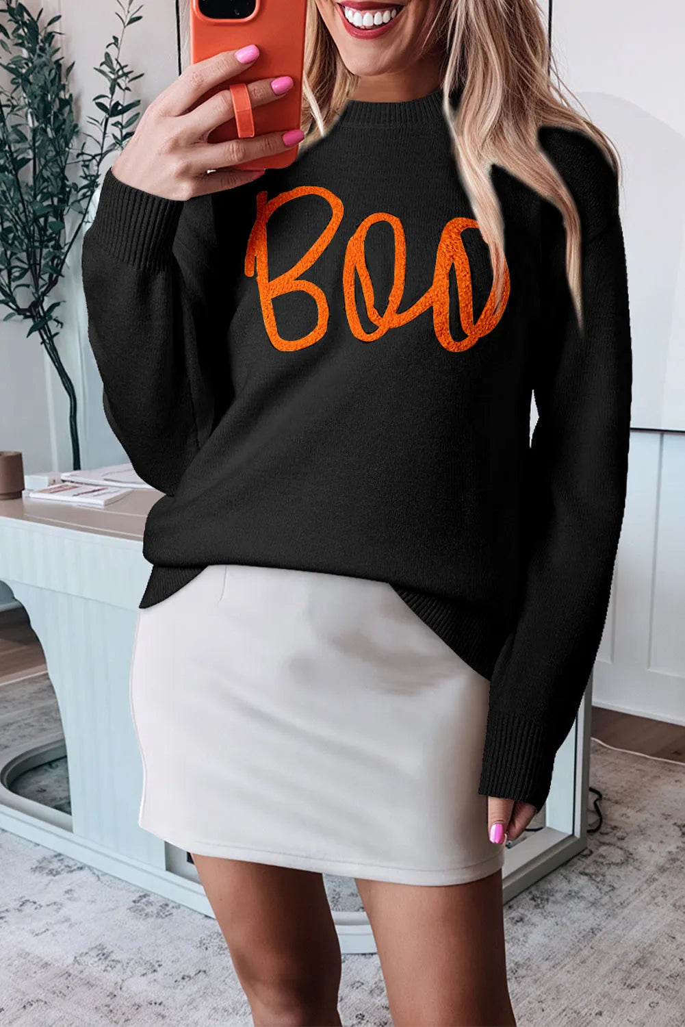 Black Boo Knitted Pattern Ribbed Edge Drop Shoulder Sweater - Chic Meadow Boutique 