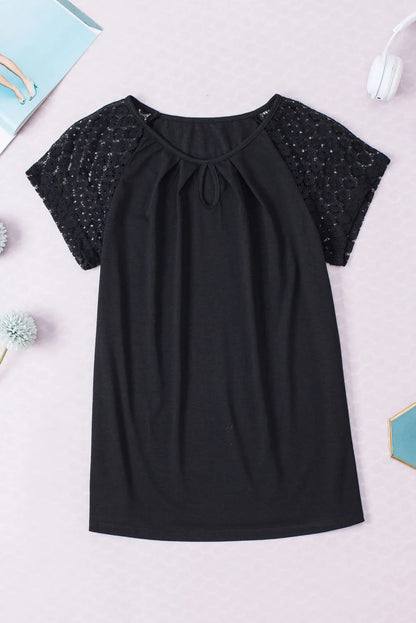 Black Contrast Lace Sleeve Keyhole Decor Top - Chic Meadow Boutique 