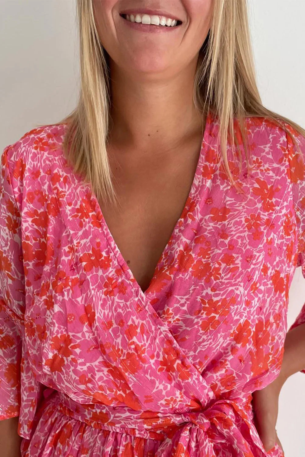 Pink V Neck Ruffled Sleeve Floral Romper - Chic Meadow Boutique 