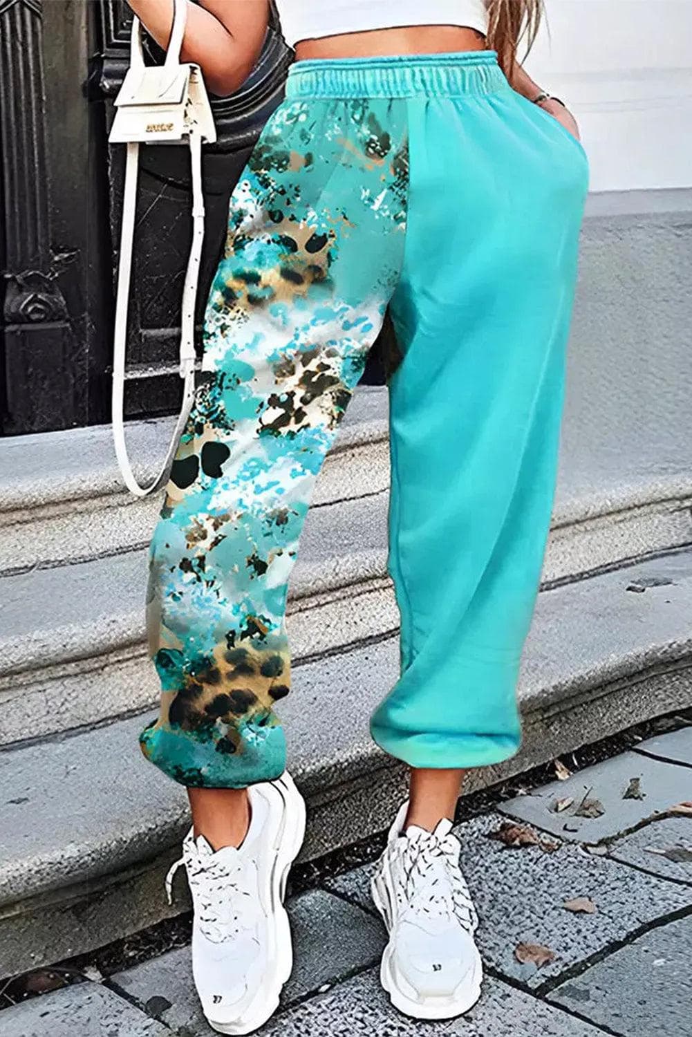 Light Blue Contrast Leopard Tie-dye Print Jogger Pants - Chic Meadow Boutique 