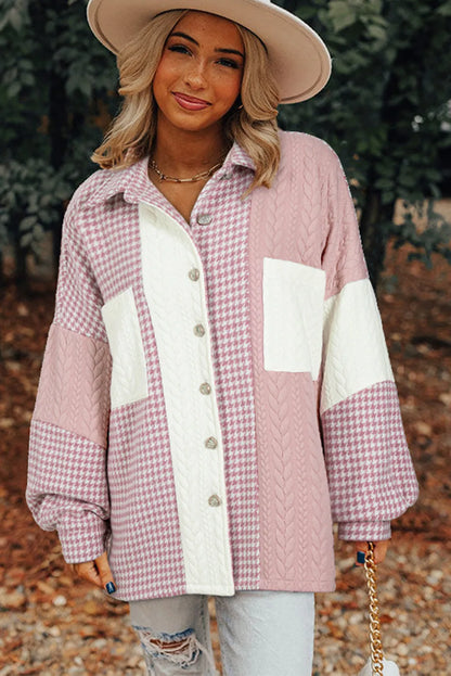 Pink Houndstooth Color Contrast Textured Patchwork Loose Shacket - Chic Meadow Boutique 