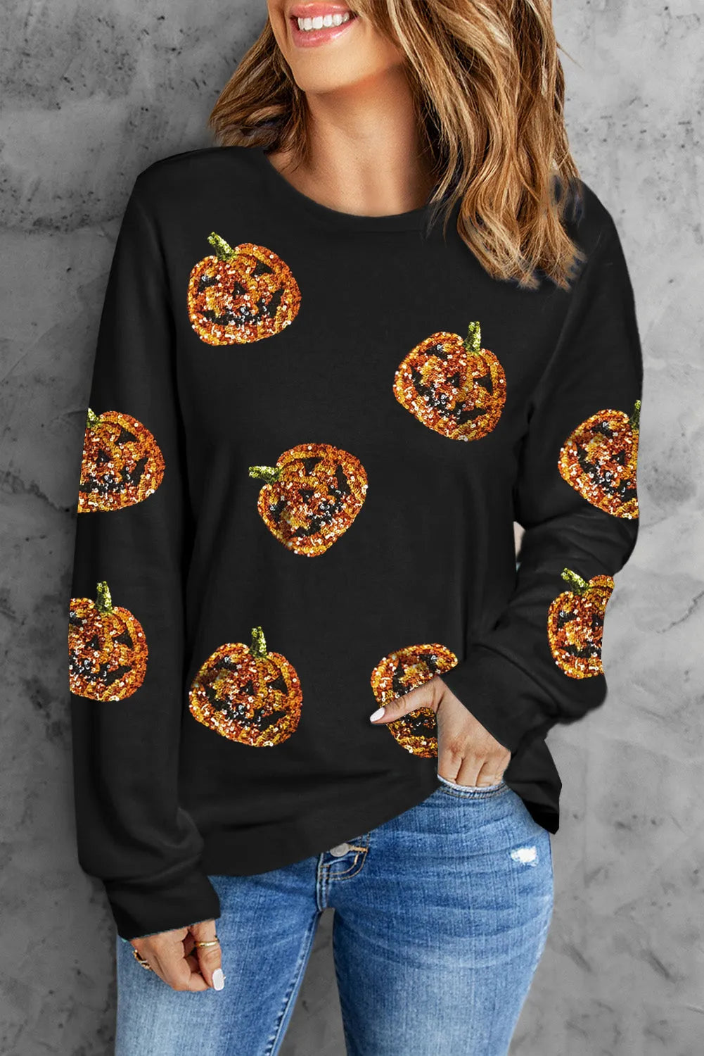 Black Halloween Sequin Pumpkin Face Pullover Long Sleeve Top - Chic Meadow Boutique 