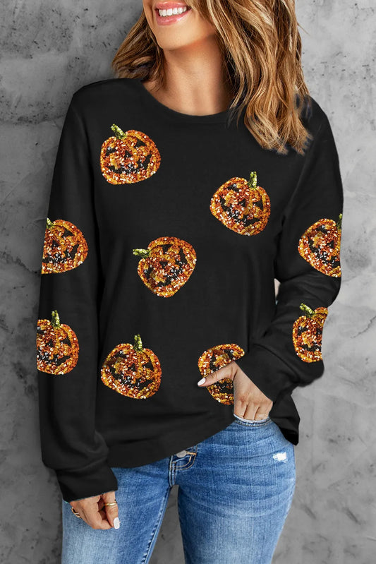 Black Halloween Sequin Pumpkin Face Pullover Long Sleeve Top - Chic Meadow Boutique 