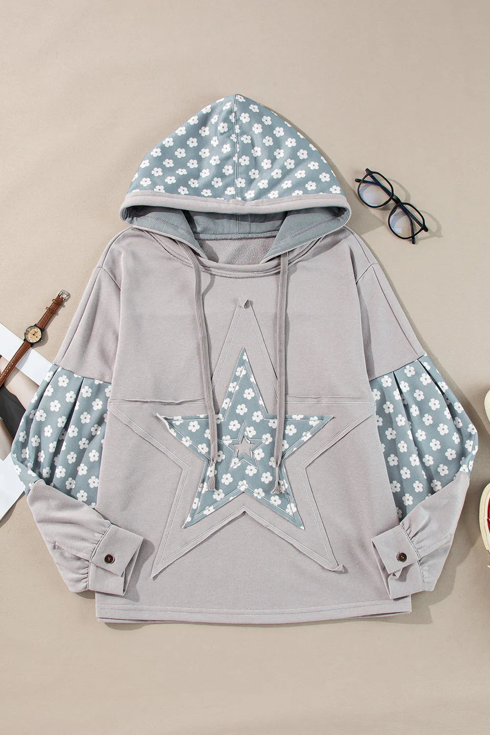 Beau Blue Floral Patchwork Star Pattern Drawstring Hoodie - Chic Meadow Boutique 