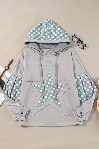 Beau Blue Floral Patchwork Star Pattern Drawstring Hoodie - Chic Meadow Boutique 