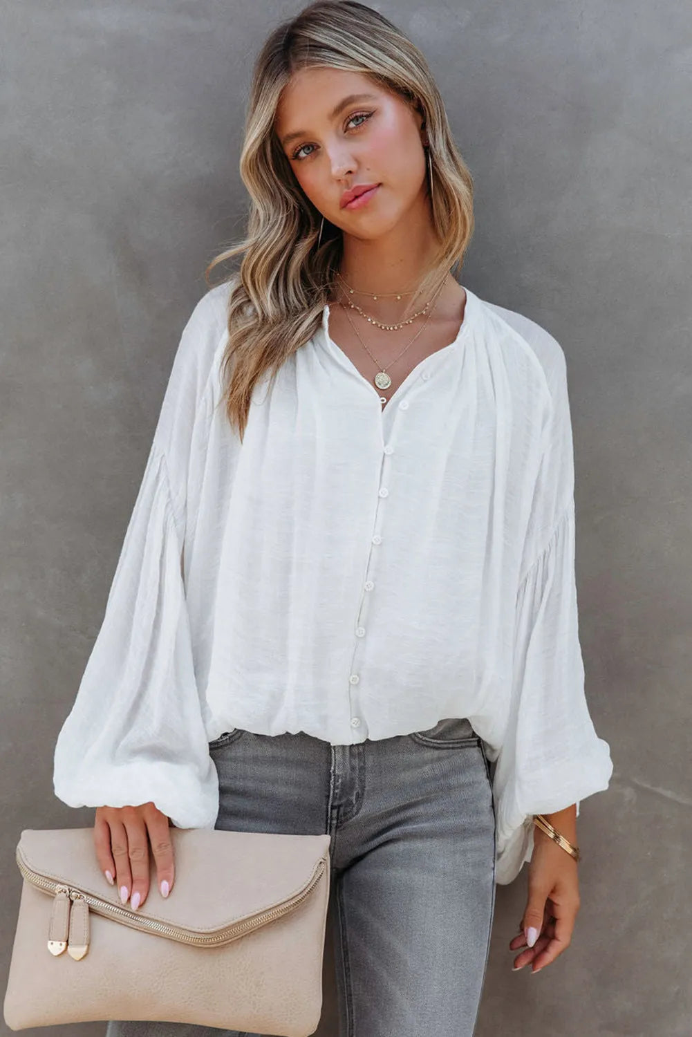 White Solid Color V Neck Balloon Sleeve Shirt - Chic Meadow Boutique 