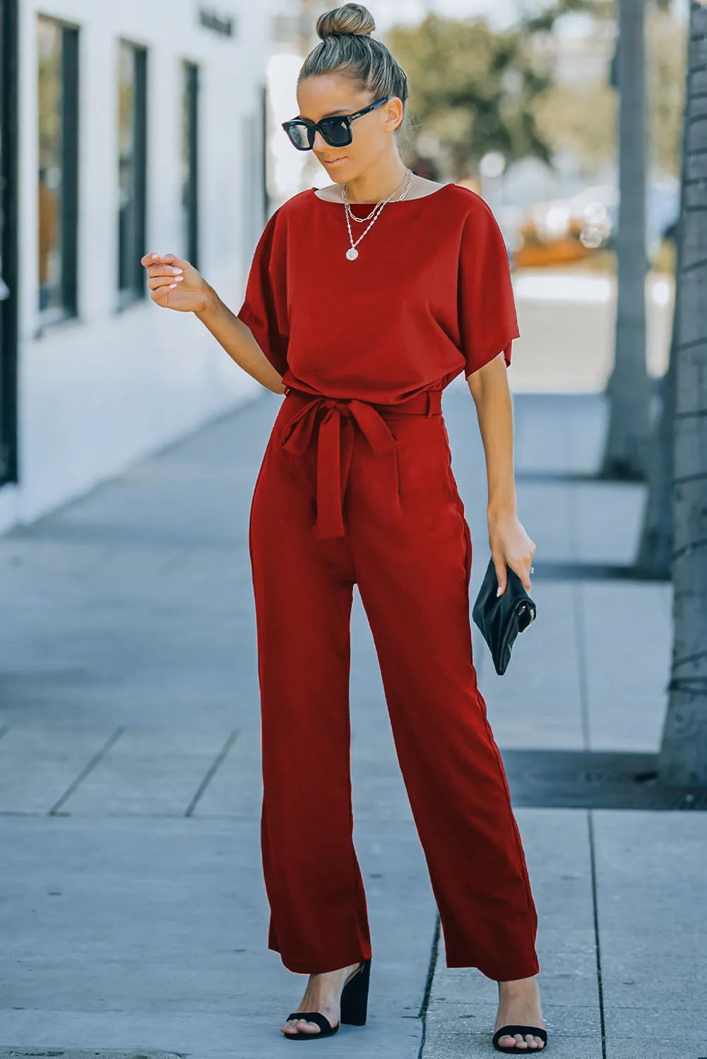 Fiery Red Belted Wide Leg Jumpsuit - Chic Meadow Boutique 