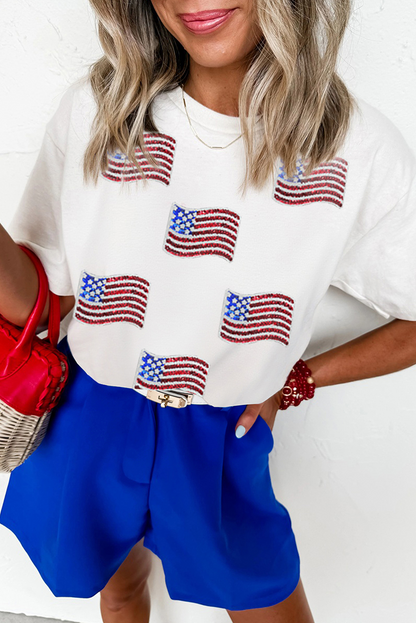 White Sequin American Flag Patched Casual T Shirt