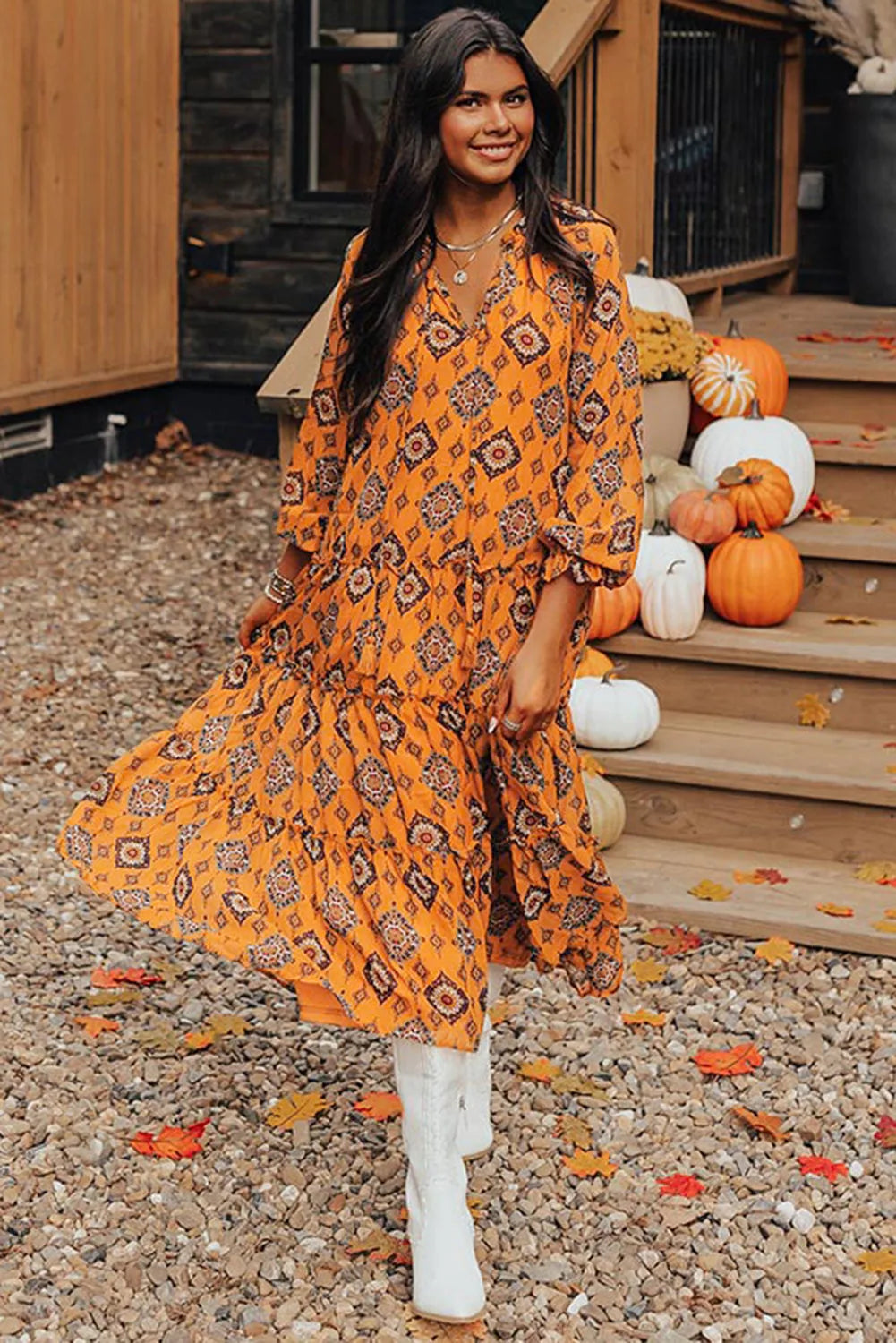 Orange Western Geometric Print Tiered Frilled Loose Fit Midi Dress - Chic Meadow Boutique 