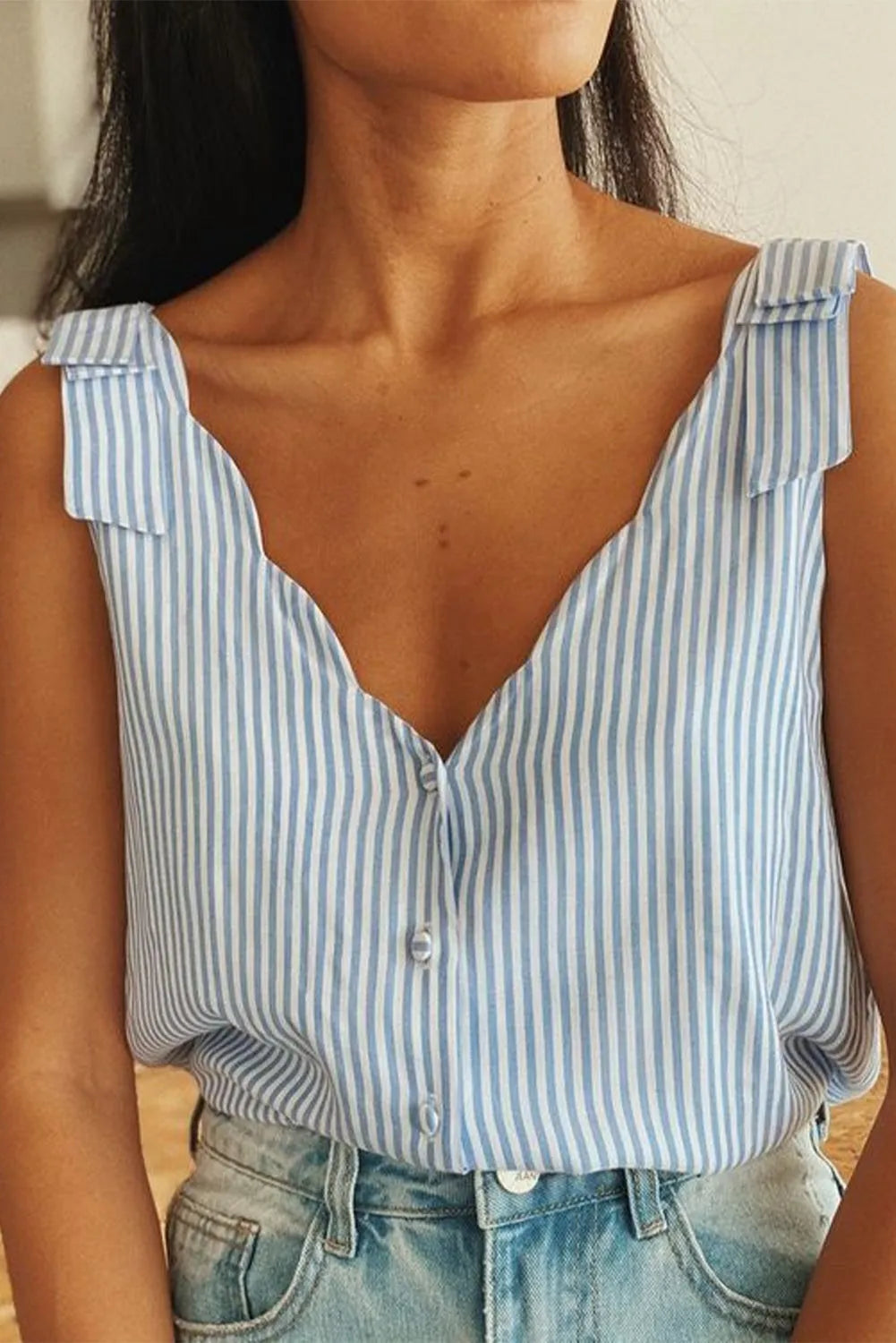 Sky Blue Stripe Scalloped V Neck Buttoned Tank Top - Chic Meadow Boutique 