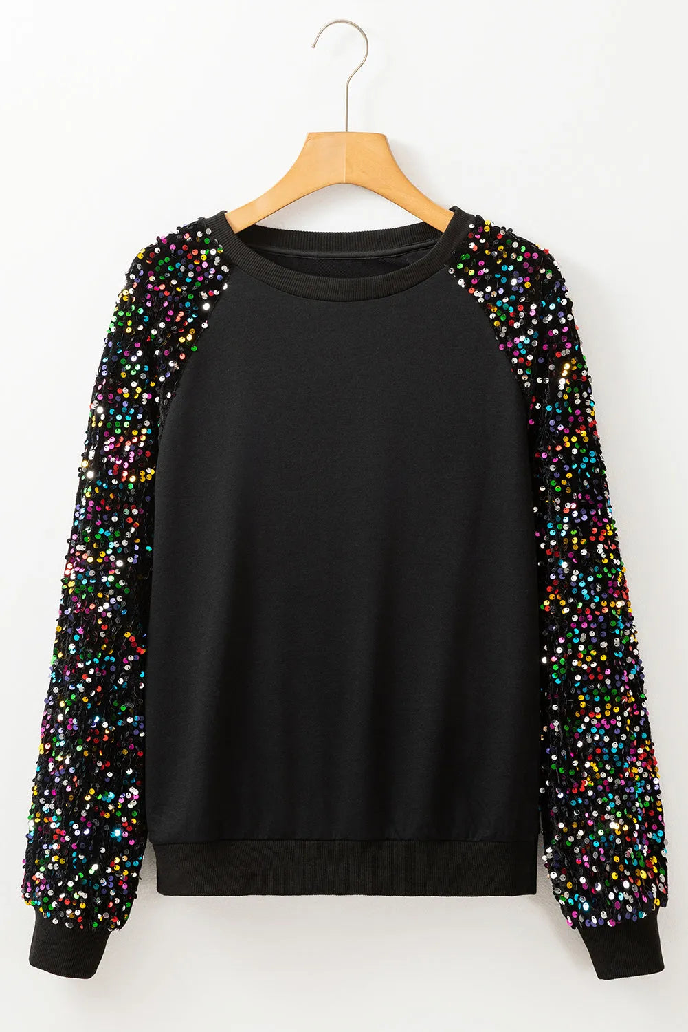 Black Sequin Raglan Sleeve Crewneck Pullover Sweatshirt - Chic Meadow Boutique 