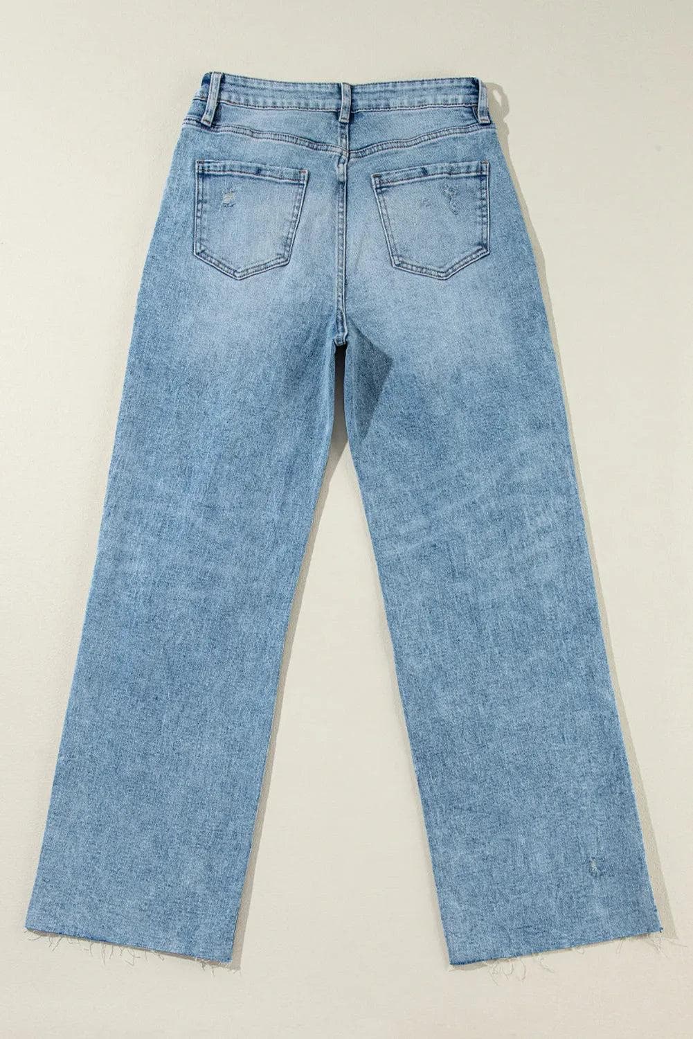 Bottoms/Jeans Light Blue Distressed Ripped Raw Hem Straight Jeans