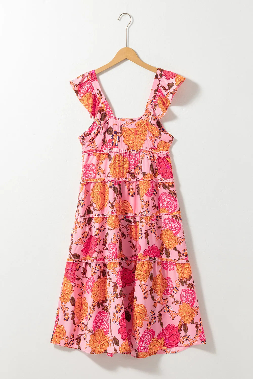 Pink Floral Square Neck Ruffled Flutter Sleeve Tiered Midi Dress - Chic Meadow Boutique 