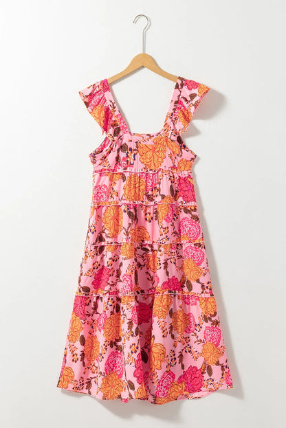 Pink Floral Square Neck Ruffled Flutter Sleeve Tiered Midi Dress - Chic Meadow Boutique 