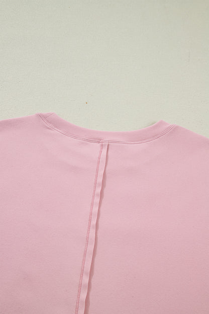 Light Pink Solid Color Bow Textured Patchwork Long Sleeve Tee