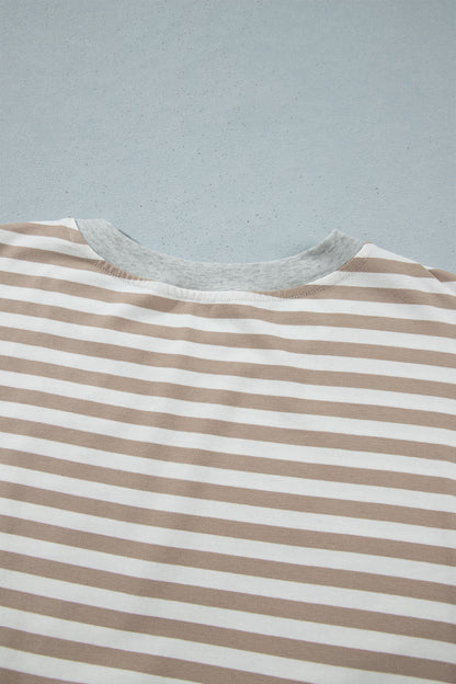 Khaki Stripe Striped Colorblock Cuffs Round Neck Long Sleeve Shift Dress