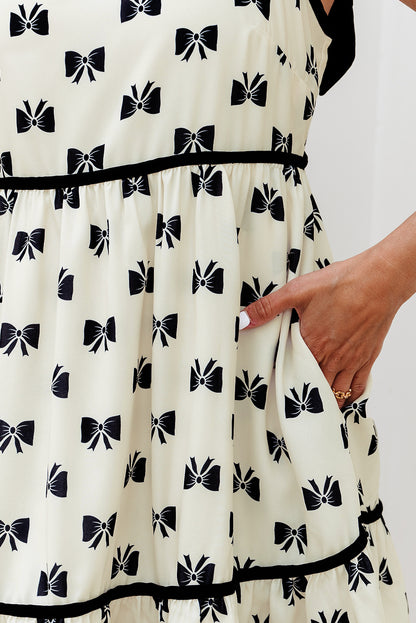 White Bow Knot Color Contrast Trim Knotted Shoulder Mini Dress