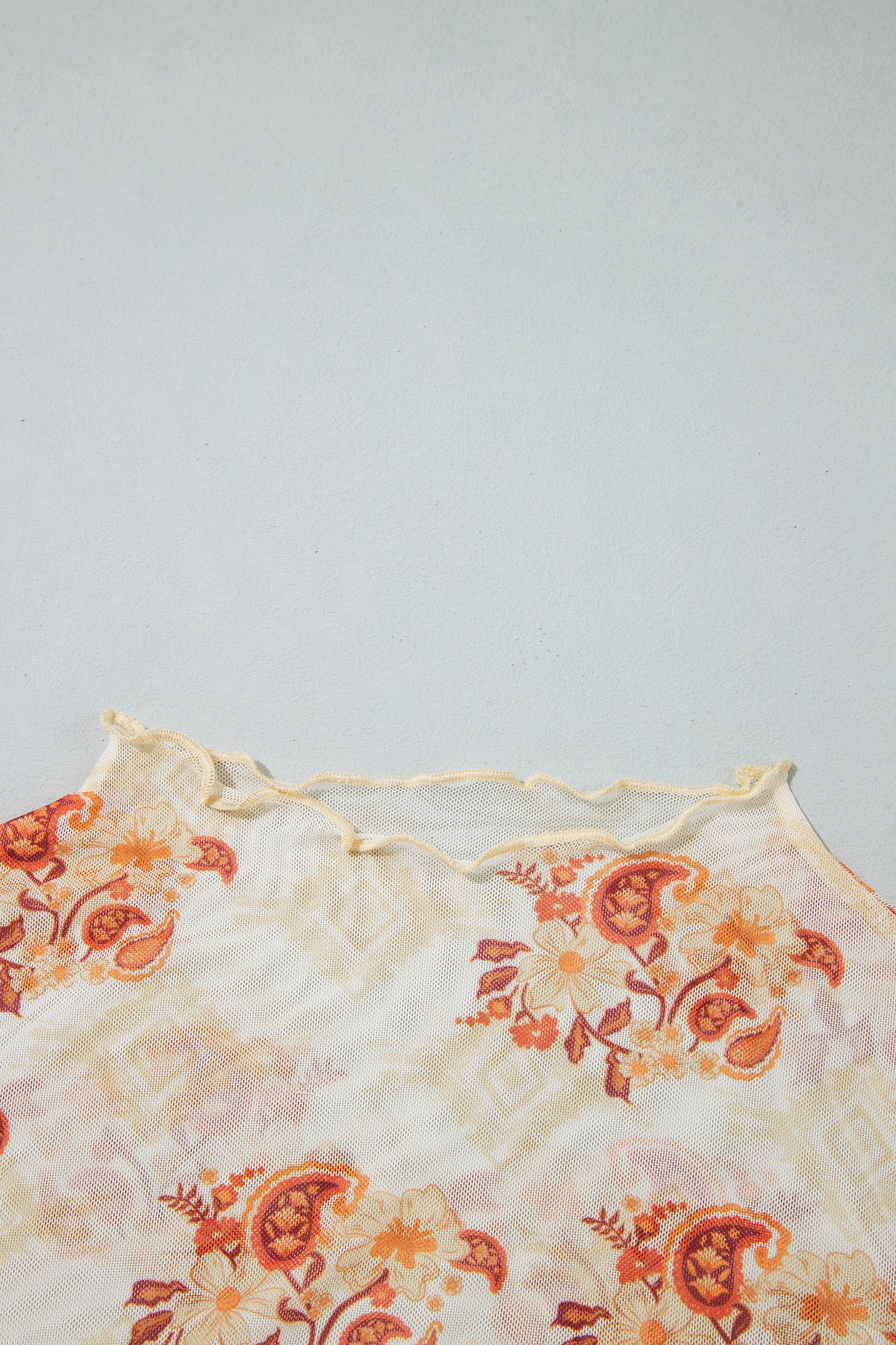 Apricot Floral Print Slim Fit Mesh Long Sleeve Mock Neck Top