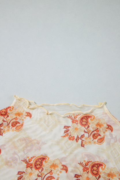 Apricot Floral Print Slim Fit Mesh Long Sleeve Mock Neck Top