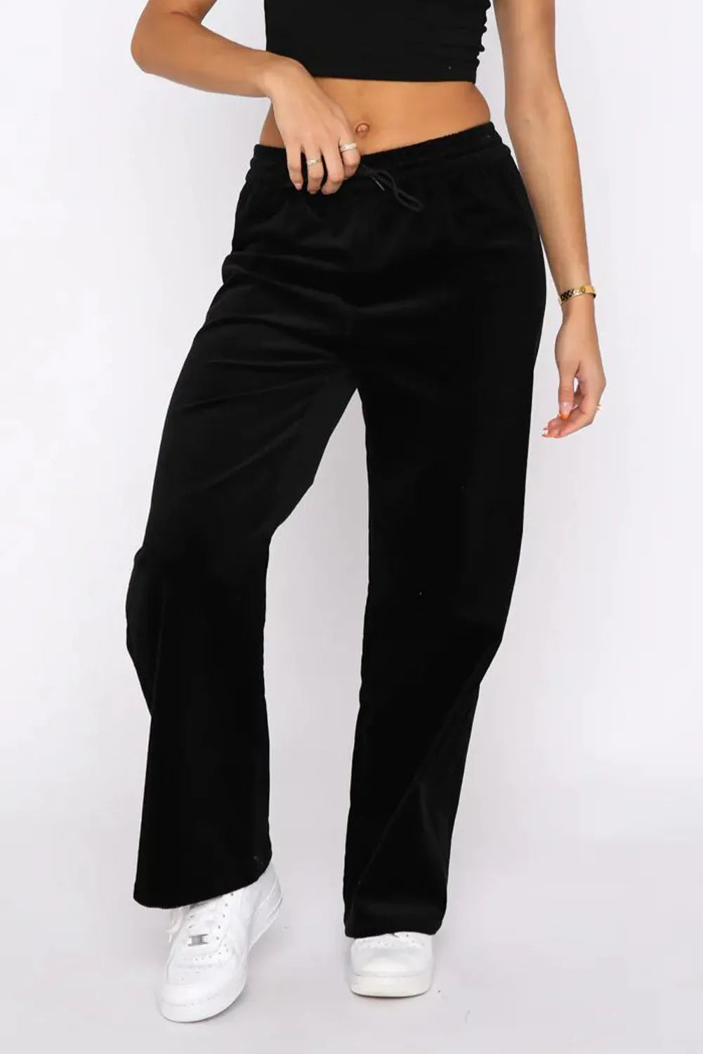 Black Solid Drawstring Waist Wide Leg Pants - Chic Meadow Boutique 