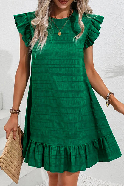 Dark Green Textured Flutter Sleeve Ruffled Mini Dress