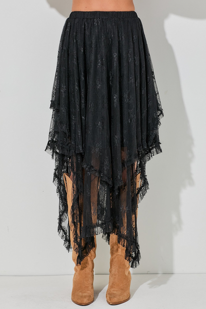 Black Lace Cascading Tiered High Waist Maxi Skirt