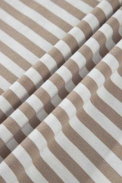 Khaki Stripe Striped Colorblock Cuffs Round Neck Long Sleeve Shift Dress