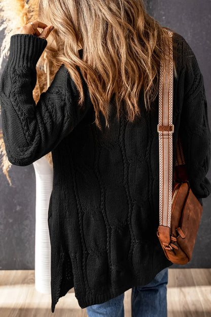 Black Ribbed Trim Eyelet Cable Knit Cardigan - Chic Meadow Boutique 