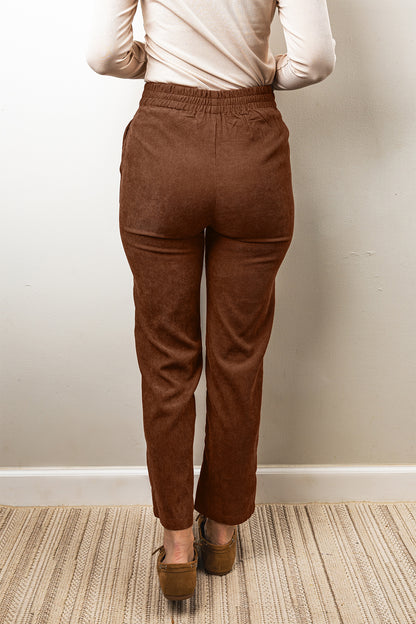 Coffee Elastic Waist Straight Leg Ankle Length Corduroy Pants