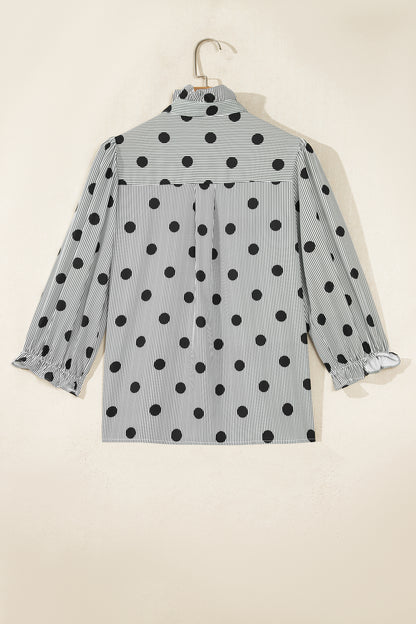 Black white Polka Dot Striped Print Ruffle Stand Neck 3/4 Sleeve Shift Shirt