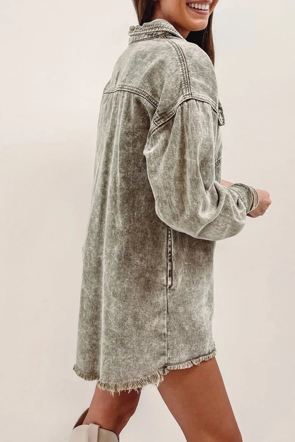 Sage Green Acid Wash Flap Pocket Raw Hem Tunic Denim Jacket - Chic Meadow Boutique 