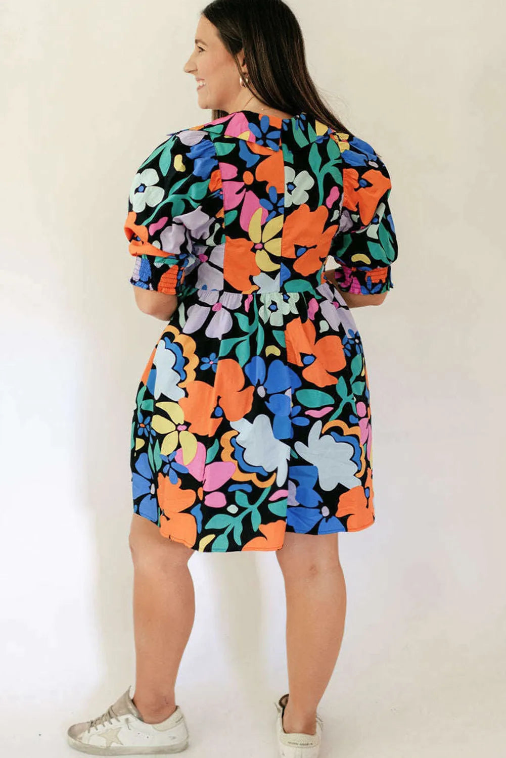 Blue Split Neck Collared Plus Floral Dress - Chic Meadow Boutique 