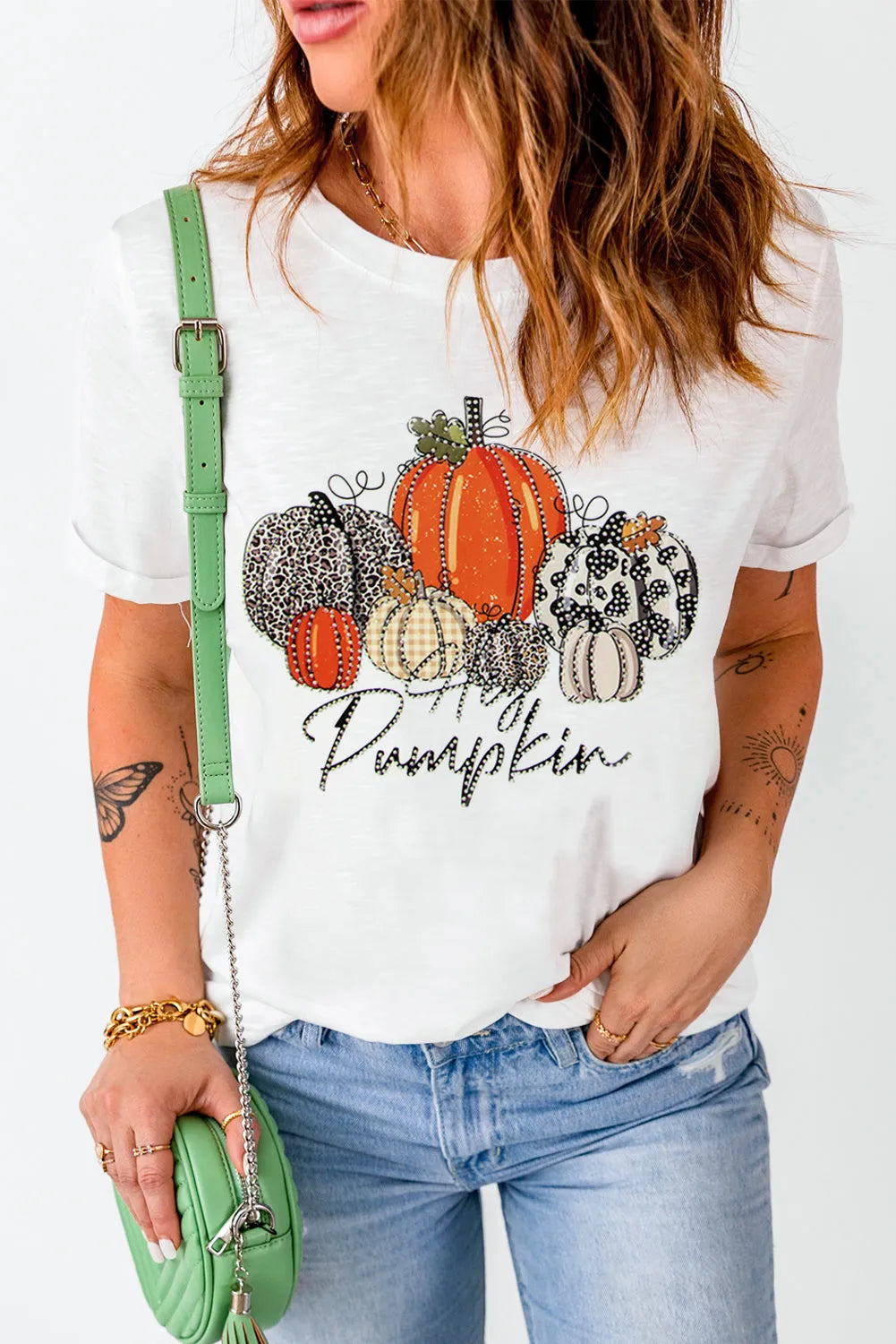 White Rhinestone Hey Pumpkin Graphic Thanksgiving Tee - Chic Meadow Boutique 