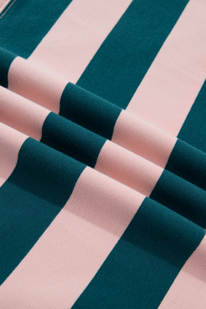 Green Stripe Quarter-Zip Metal Zipper Cover Stitch Hem Top