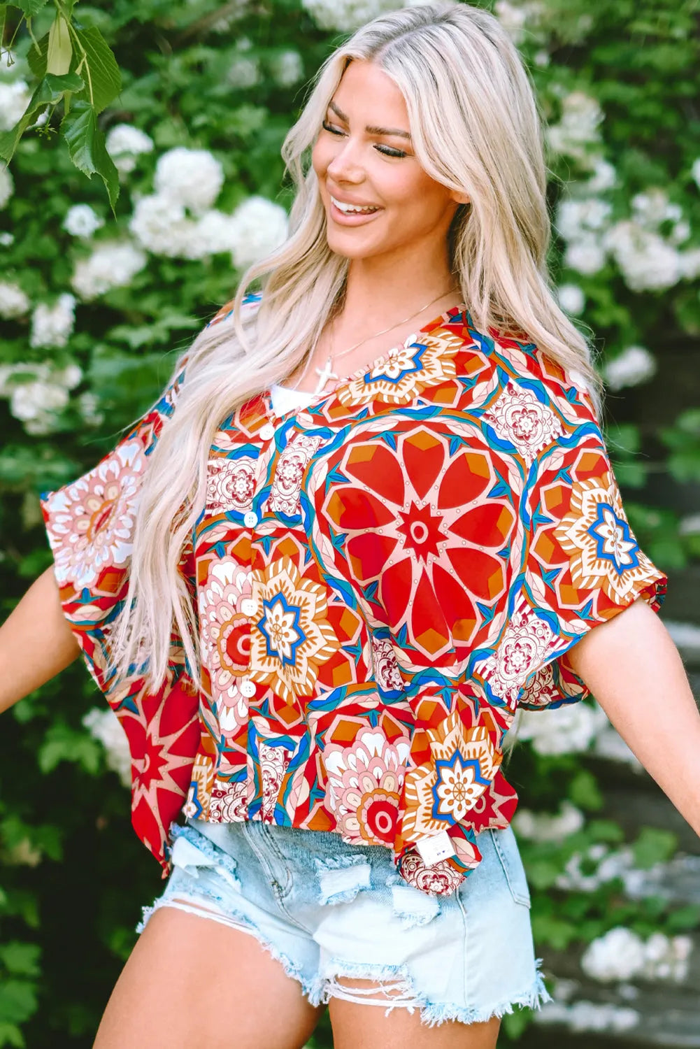 Red Floral Print Batwing Sleeve V Neck Blouse - Chic Meadow Boutique 