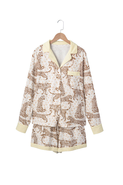 Yellow Leopard Print Colorblock Pocket Placket Long Sleeve Lounge Set